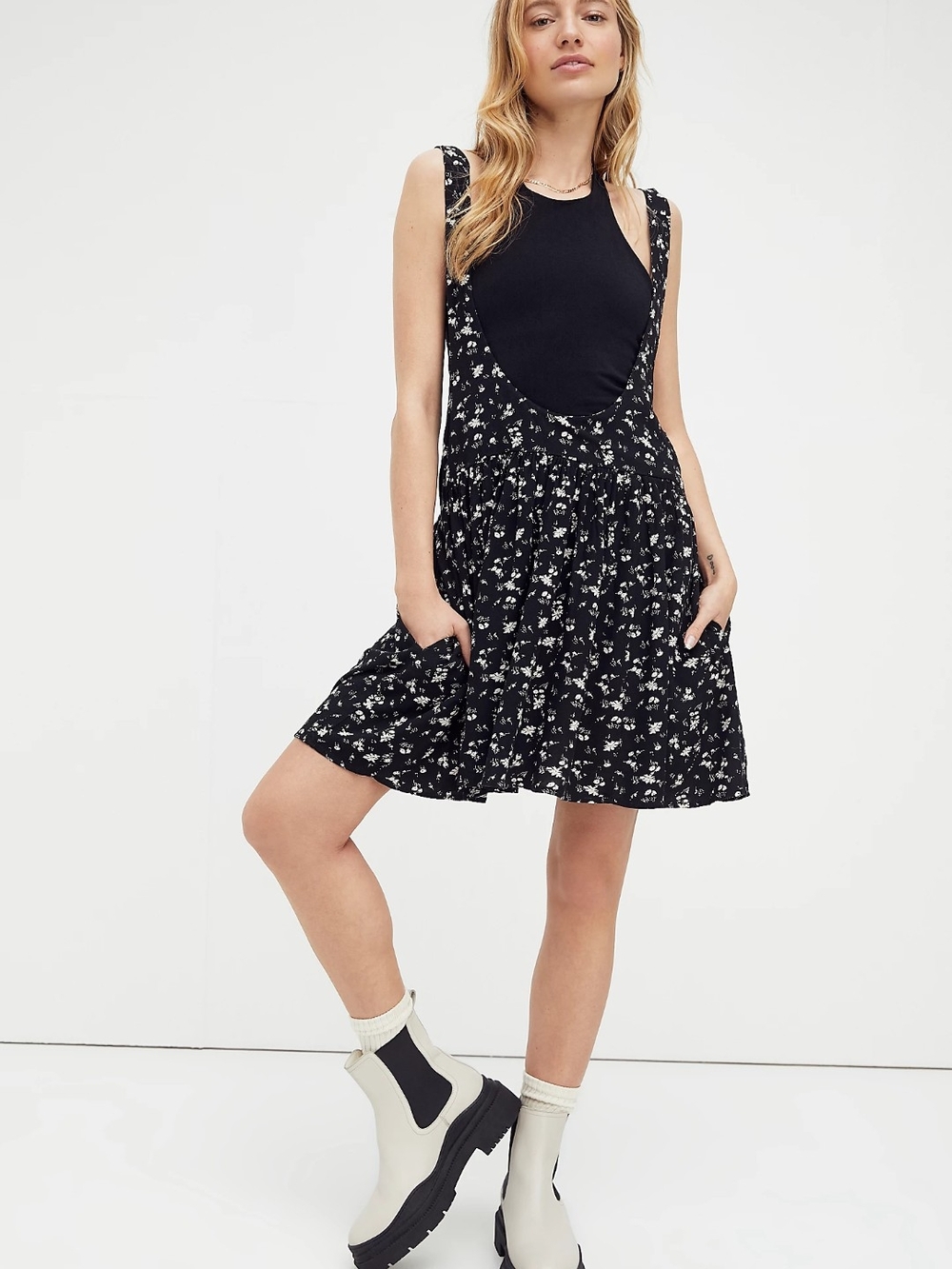 Free People Black Floral Jumper Mini Dress